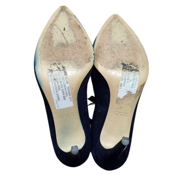 Kate Spade Navy Suede T-Strap Pumps Bow Crystal Accent Pointed Toe Heels 7BItaly - Picture 14 of 15